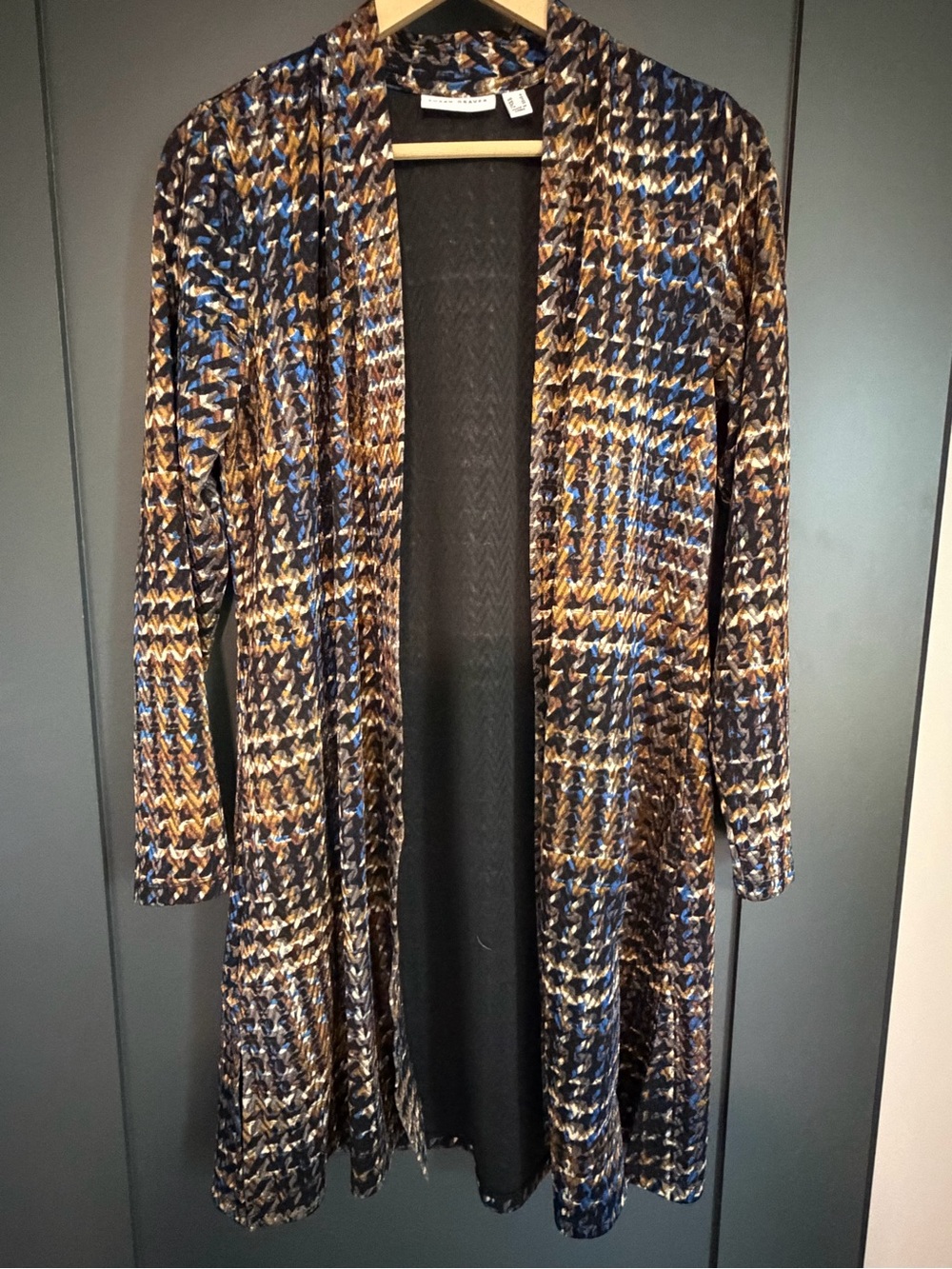 Susan Graver Long Open-Front Cardigan in Brown, Black & Blue